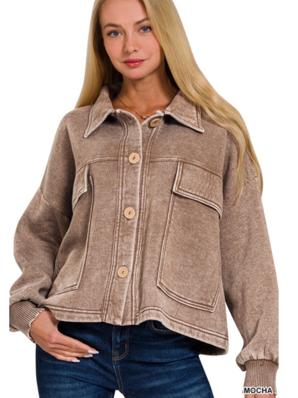 ❤️ 178 ZENANA ACID WASHED FLEECE FRONT POCKET SHACKET AND PANT - Picture 2 of 4